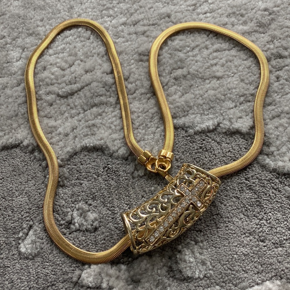 Beautiful Monet Thick Snake Chain/Large Slider Cross CZ Stones G Plated Pendant!